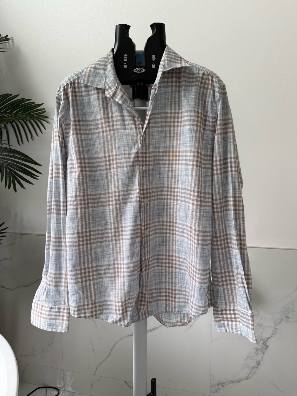 Joseph Abboud Men's L Blue Gray Brown Plaid Long Sleeve 100% Cotton Shirt